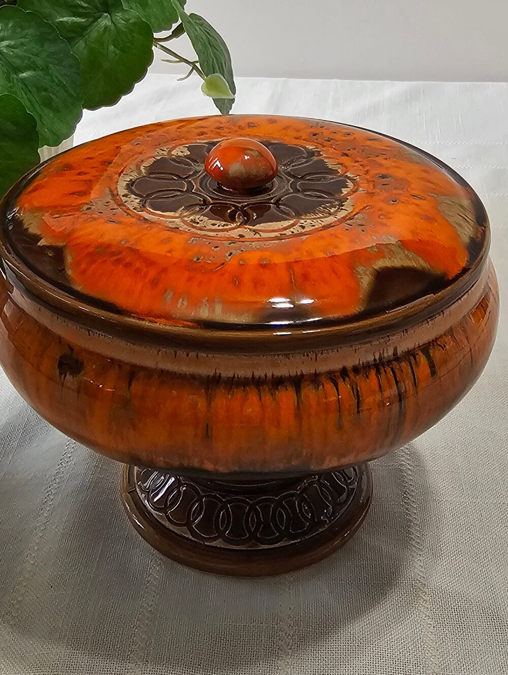 Vintage Japanese Orange Brown Pedestal Covered Dish Mid Century Pottery